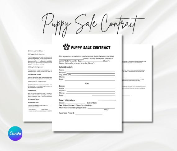 Puppy Sales Contract Printable, Puppy Deposit Contract, Puppy Sale Agreement, Puppy Purchase Agreement PDF