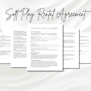 May include: A black and white Soft Play Rental Agreement form with the title "Soft Play Rental Agreement" at the top. The form includes sections for the Customer and Facility information, Agreement Terms, and Assumption of Risk.