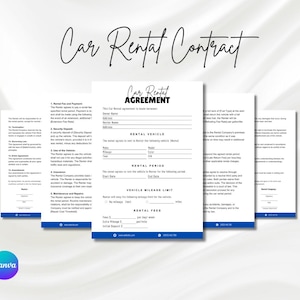 May include: A black and white car rental agreement form with the title "Car Rental Agreement" in bold. The form includes sections for renter information, rental vehicle details, rental period, vehicle mileage limit, and rental fees.