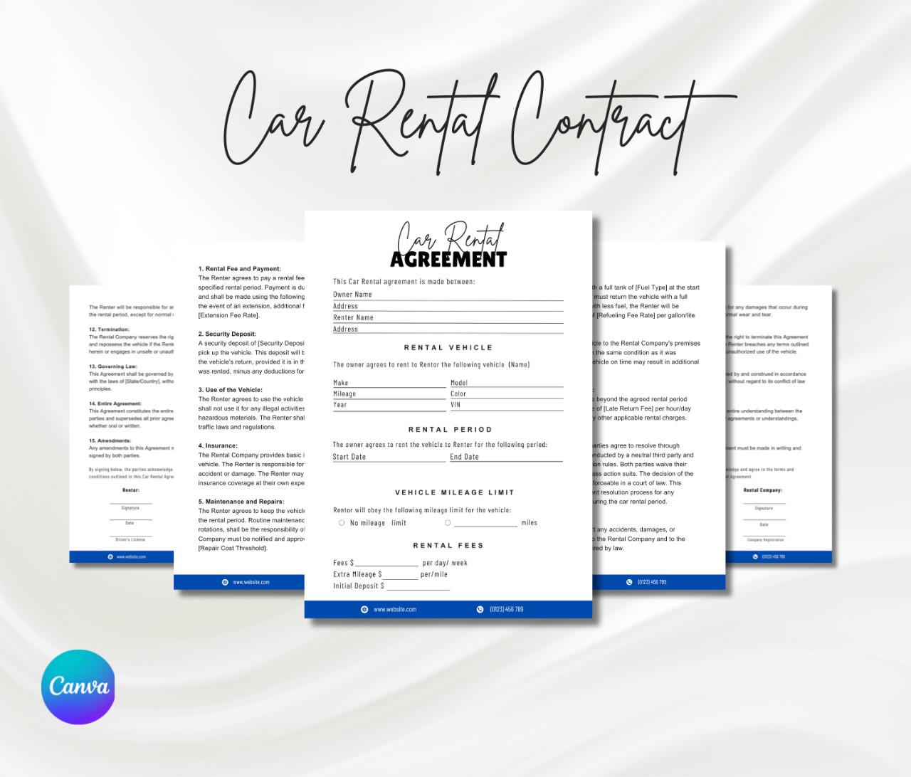 Car Rental Agreement Template, Car Rental Contract, Vehicle Rental ...