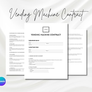 May include: A black and white vending machine contract template with the title "Vending Machine Contract". The contract includes sections for the vending machine operator and location property owner, as well as details about vending machine placement and revenue sharing.