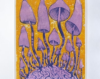 Magiczne grzyby, psychodeliczna sztuka grzybowa, Psilocybe, Liberty Cap – oryginalna miedziorytowana grafika, kolorowe trawienie, wydruk w limitowanej edycji Mezzotint