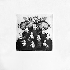 May include: Black and white print depicting a group of children sitting in a pool of water. The children are all wearing simple clothing and have short hair. There are plants growing out of the water in the background.