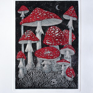 Puede incluir: Una ilustración en blanco y negro de un grupo de setas rojas y blancas con manchas blancas que crecen en un bosque oscuro. Las setas están rodeadas de una red de raíces y se puede ver una pequeña calavera en la base de las setas.
