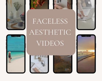 May include: A collection of aesthetic videos featuring various scenes, including a beach with a woman in a white hat, a sunset over the ocean, a person working on a laptop, and a floral arrangement. The text "FACELESS AESTHETIC VIDEOS" is displayed in a brown rectangle. The text "2000+ videos", "digital", and "editable" are displayed below the images.