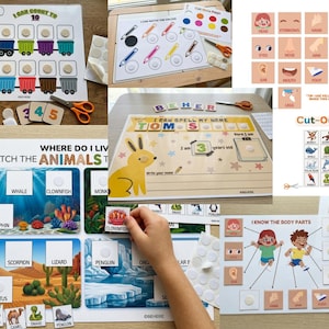 Peut inclure: Un ensemble de fiches d'activités éducatives pour enfants comprenant le comptage, l'association de couleurs, l'orthographe, les habitats des animaux et les parties du corps humain. Le kit inclut des cartes, des découpages et des pastilles velcro.