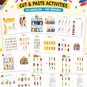 May include: A collection of preschool cut and paste activity sheets in A4 landscape format. The pages feature colorful illustrations of animals, vegetables, fruits, numbers, and letters with text labels like Preschool Cut & Paste Activities.