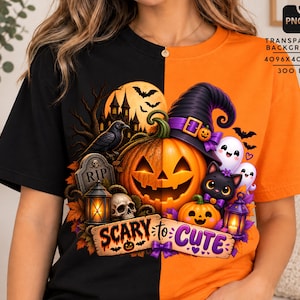 Puede incluir: Una camiseta bicolor negra y naranja con un diseño de Halloween. El lado izquierdo muestra una escena espeluznante con calabaza, cuervo, lápida y calavera. El lado derecho muestra una calabaza tierna, un gato negro y fantasmas con el texto SCARY to CUTE.