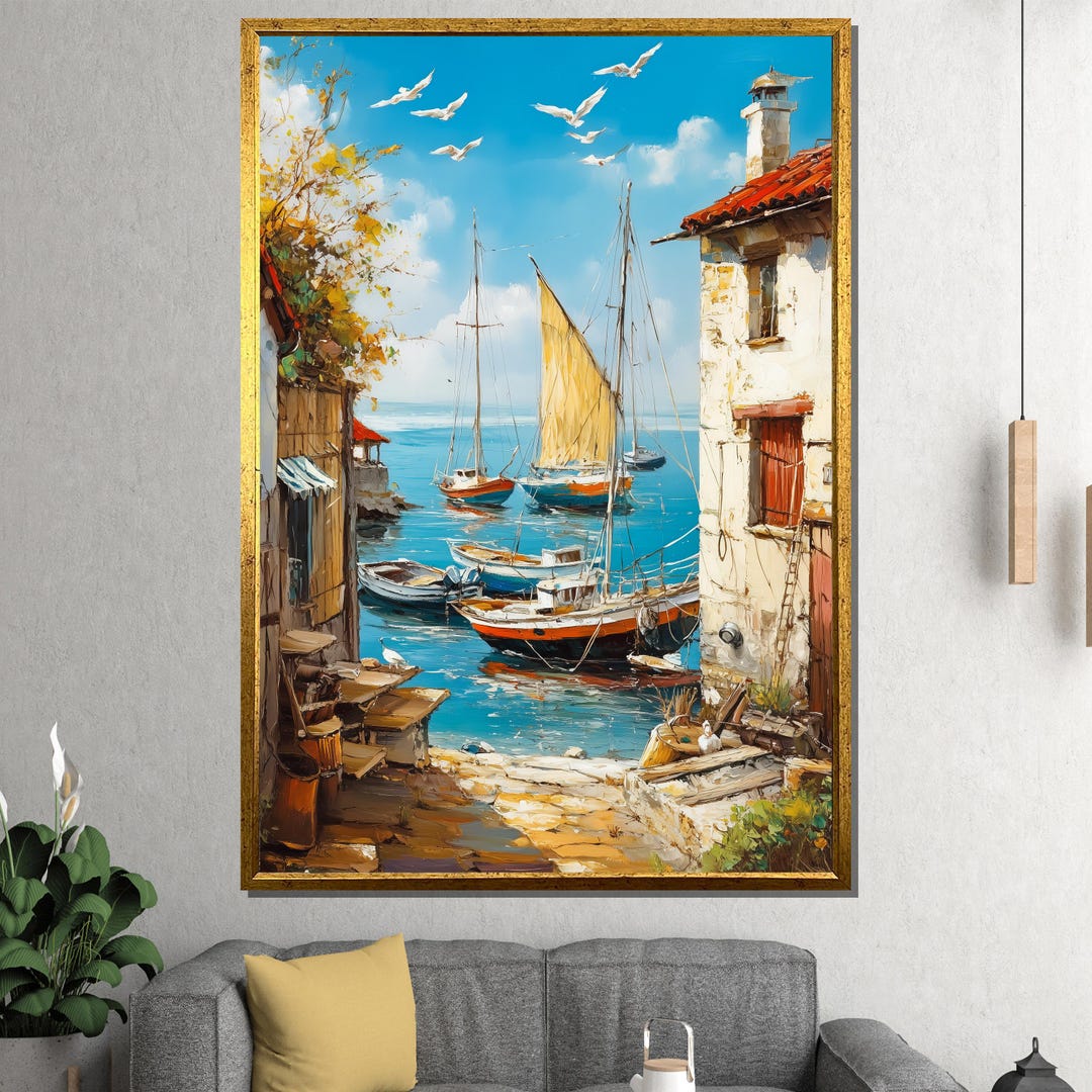 Mediterranean Harbor Wall Art – Framed Coastal Canvas Print, Boats and ...