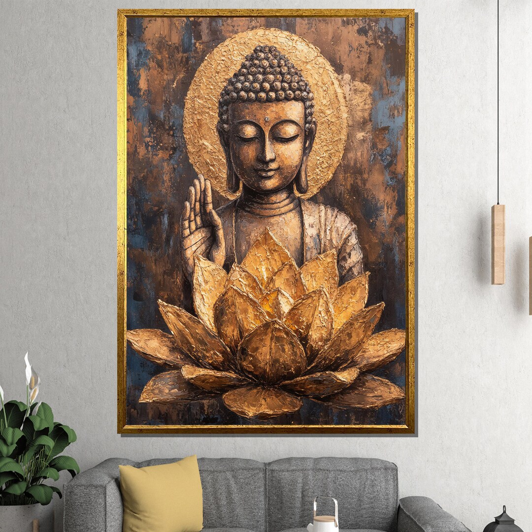 Buddha Canvas Painting - Golden Lotus Wall Art Gift for Spiritual Home ...