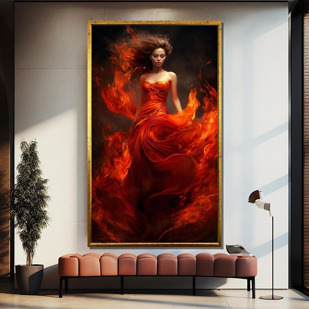Fiery Elegance Canvas Painting - Woman in Flaming Red Dress Wall Art ...