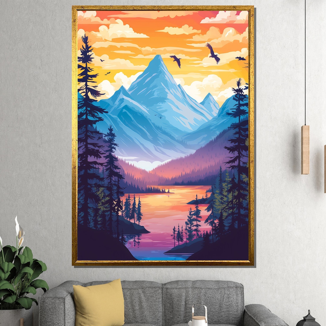 Colorful Mountain Sunset Canvas Painting Scenic Lake and Forest Wall ...