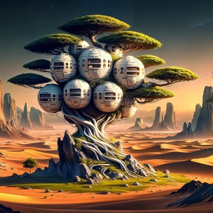 May include: A futuristic scene with a large tree with white spherical pods growing from its branches. The tree is in a desert landscape with tall rock formations in the background. The sun is setting in the distance, casting a warm glow over the scene.