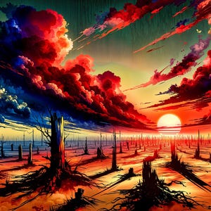 May include: A digital painting depicting a sunset over a field of dead trees. The sky is a vibrant mix of red, orange, yellow, and blue, with clouds that resemble brushstrokes. The sun is a bright orange circle in the distance, and the trees are silhouetted against the sky.