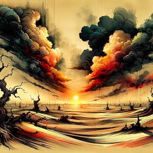 May include: A digital painting depicting a surreal landscape with a sunset in the background. The sky is filled with swirling clouds in shades of red, orange, yellow, and blue. The ground is a desert-like landscape with a few trees scattered throughout.