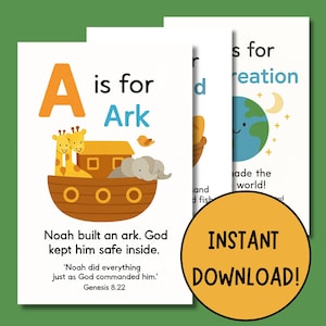 Può includere: Sono esposte tre stampe artistiche educative con le lettere "A" e "S". La stampa "A" presenta un'arca con animali, e la stampa "S" mostra la Terra. Le stampe hanno il testo "INSTANT DOWNLOAD!"