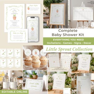 Op de afbeelding: Een complete babyshower kit met uitnodigingen, spelletjes, borden en decoraties. De "Little Sprout Collection" heeft een groen en wit thema met een illustratie van een plant in een pot. Inclusief bewerkbare online sjablonen.