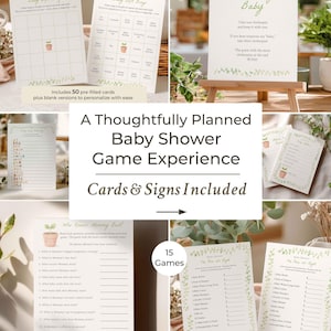 May include: A collection of baby shower game cards and signs. The cards feature a potted plant graphic and include games like "Baby Bingo" and "Don't Say Baby." The signs and cards are decorated with green leaf accents.