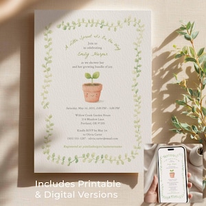 May include: A light beige baby shower invitation with a watercolor illustration of a potted plant. The invitation includes the text "A Little Sprout is on the Way" and event details. Includes Printable & Digital Versions.