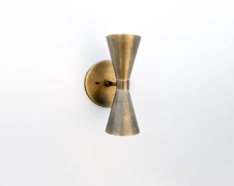 Mid Century Modern Two-Light Brass Sconce -- Solid Brass Wall Lighting -- Bathroom Vanity Light