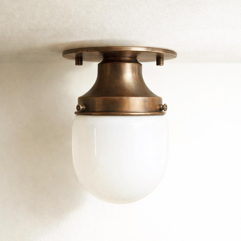 Brass Ceiling Light -- Modern Lighting -- Ceiling Fixture--White Shade -- Art Deco Lamp. No.0140 Antique Brass