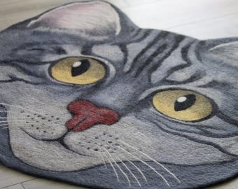 Tappeto in feltro fatto a mano a forma di gatto – Tappetino ecologico in lana al 100% | Coperta unica a forma di testa di gatto, tappetino da gioco sensoriale per bambini, accogliente coperta in feltro