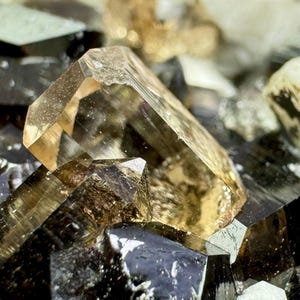 May include: Close-up of a cluster of crystals with a variety of shapes and colors. The crystals range from clear to dark brown, with some having a golden hue. The image highlights the natural formations and textures of the mineral specimens.