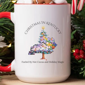 Christmas in Kentucky Mug – Holiday Hot Cocoa Cup, State Pride Christmas Tree Design, 11oz & 15oz Ceramic Mug, Appalachian Christmas Gift