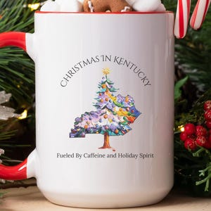 Christmas in Kentucky Mug - Funny Holiday Coffee Cup, Christmas Tree Mug, 11oz & 15oz Ceramic Mug, State Pride Christmas Gift, Teacher Gift
