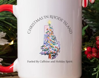 Rhode Island Christmas Mug - Funny Holiday Coffee Cup, Christmas Tree Mug, 11oz & 15oz Ceramic Mug, State Pride Christmas Gift, Teacher Gift