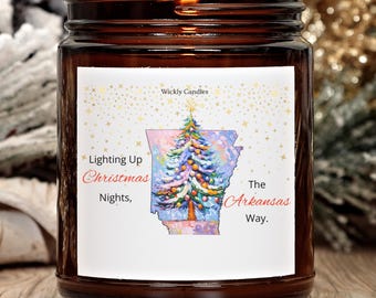 Arkansas Christmas Candle – Scented Soy Holiday Candle, Stocking Stuffer Gift, Amber Jar Christmas Decor, State Pride Holiday Gift and Decor