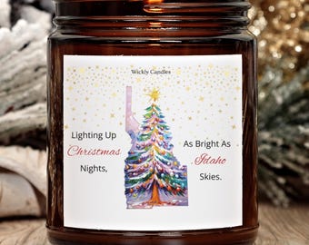 Candela natalizia dell'Idaho - Candela profumata alla soia per le feste, regalo di Natale, decorazione natalizia in barattolo d'ambra, regalo e decorazione natalizia per l'orgoglio dello Stato
