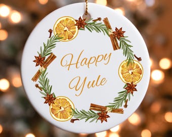Happy Yule Ceramic Ornament, Winter Solstice Decor, Tree Ornament, Festive Home Decor, Seasonal Decor, Gift for Home, Gift for Witch