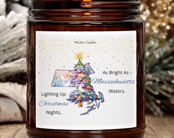 Massachusetts Christmas Candle – Scented Holiday Candle, Stocking Stuffer Gift, Amber Jar Christmas Decor, State Pride Holiday Gift & Decor