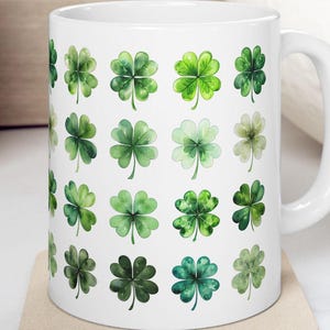 Lucky Shamrock Ceramic Mug, Watercolor Green Four Leaf Clover Coffee Cup, St Patrick&#39;s Day Gift, Plant Lovers Gift, Green Holiday Drinkware