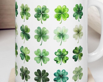 Lucky Shamrock Ceramic Mug, Watercolor Green Four Leaf Clover Coffee Cup, St Patrick's Day Gift, Plant Lovers Gift, Green Holiday Drinkware