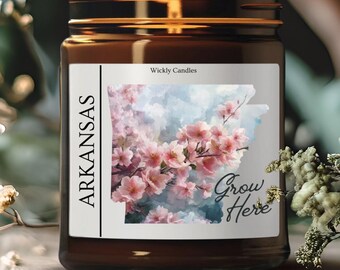 Arkansas Watercolor Flowers Soy Wax Candle, Arkansas Home Decor, Apple Blossom State Flower, Gift for Nature Lover, Housewarming Candle