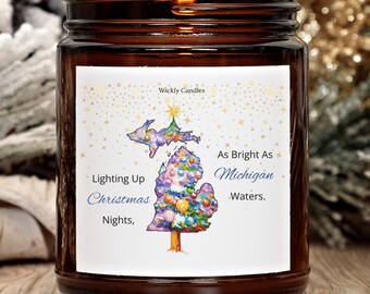 Vela navideña de Michigan: vela de soja perfumada, regalo para rellenar calcetines navideños, decoración navideña en frasco ámbar, regalo y decoración navideña con orgullo estatal.