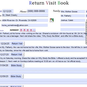 May include: A form titled "Return Visit Book" with light blue and white sections. It contains fields for contact details, family information, and notes on visits. The text "Bible Study" is visible. Measurements are not applicable.