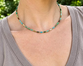 Turquoise & Jasper Beaded Necklace, Gemstone Choker