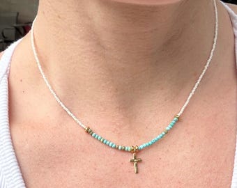 Gold Cross Necklace – Turquoise & Czech Glass Boho Faith Jewelry
