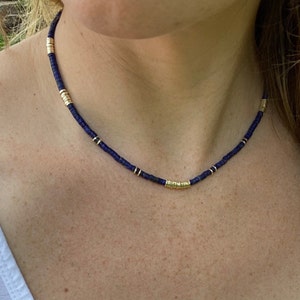 Lapis Lazuli Necklace, Beaded Lapis Necklace, Heishi Lapis Necklace with Gold Plated Discs, Layering Necklace, Handmade Necklace, Unique