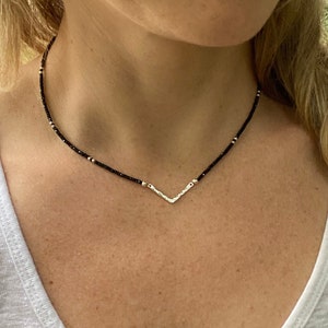 Black Spinel Necklace, Everyday Necklace, V Necklace, Chevron Necklace, Silver Necklace, Bead Necklace, Simple Jewelry, Gifts for Her
