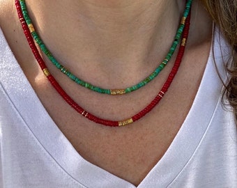 Coral Heishi Necklace, 14K Gold Plated Accents, Boho Jewelry