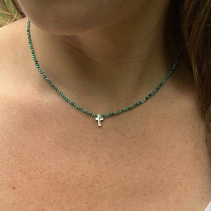Dainty Silver Cross Necklace – Minimalist Turquoise Necklace for Women, Elegant Cross Pendant, Perfect Everyday or Layering Jewelry