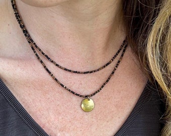 Black Bead Double Strand Necklace – Bronze Pendant, Boho Chic Jewelry