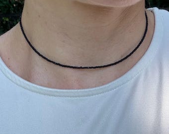 Black Seed Bead Choker Necklace, Minimalist Layering Jewelry, Sterling Silver Clasp