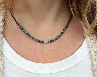 Tiny Turquoise Beaded Necklace, Earthy Boho Copper Clasp, Everyday Layering Jewelry
