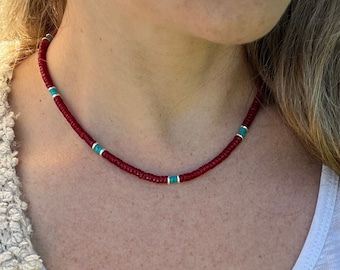 Coral Turquoise Heishi Bead Necklace, Sterling Silver Boho Jewelry