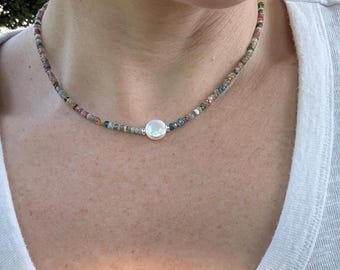 Tourmaline Bead Necklace with Freshwater Pearl - Gemstone Jewelry